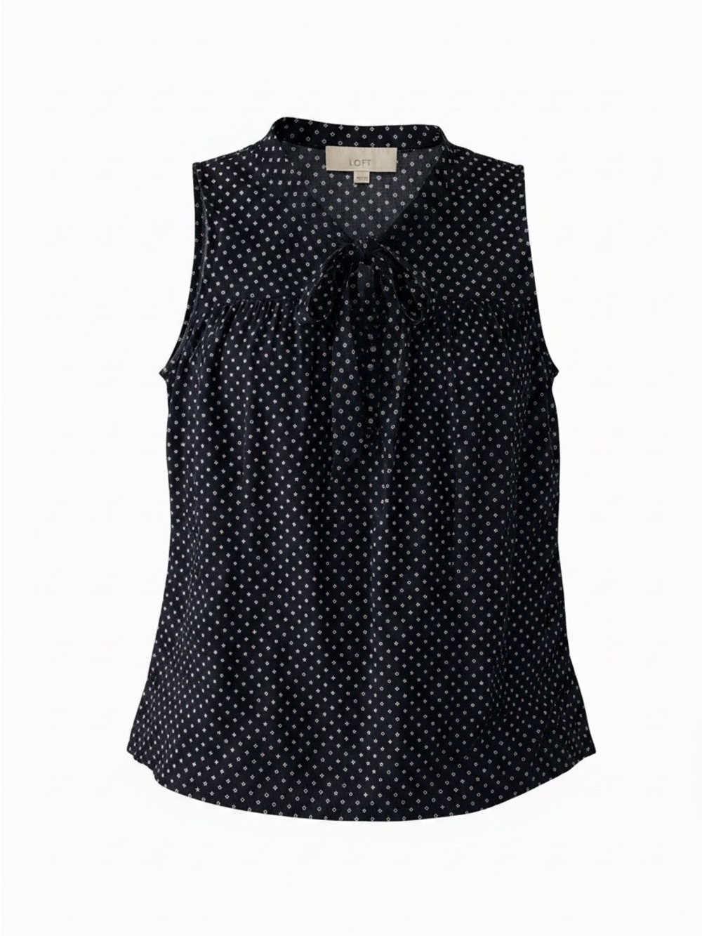 LOFT Navy and White Polka Dot Sleeveless Tie-Neck Top